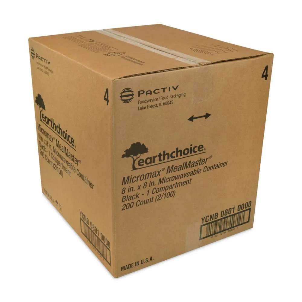 Clearance 8.31 in. x 8.35 in. x 3.1 in. EarthChoice SmartLock Microwavable MFPP Plastic Hinged Lid Container - Black (200/Carton) Tabletop And Serveware