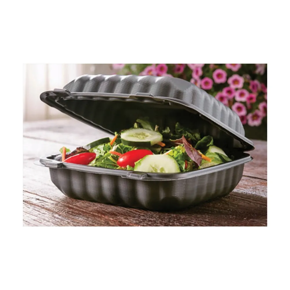 Clearance 8.31 in. x 8.35 in. x 3.1 in. EarthChoice SmartLock Microwavable MFPP Plastic Hinged Lid Container - Black (200/Carton) Tabletop And Serveware