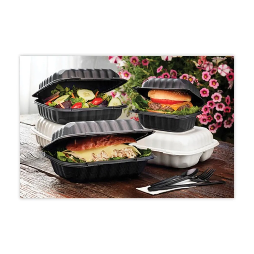 Clearance 8.31 in. x 8.35 in. x 3.1 in. EarthChoice SmartLock Microwavable MFPP Plastic Hinged Lid Container - Black (200/Carton) Tabletop And Serveware