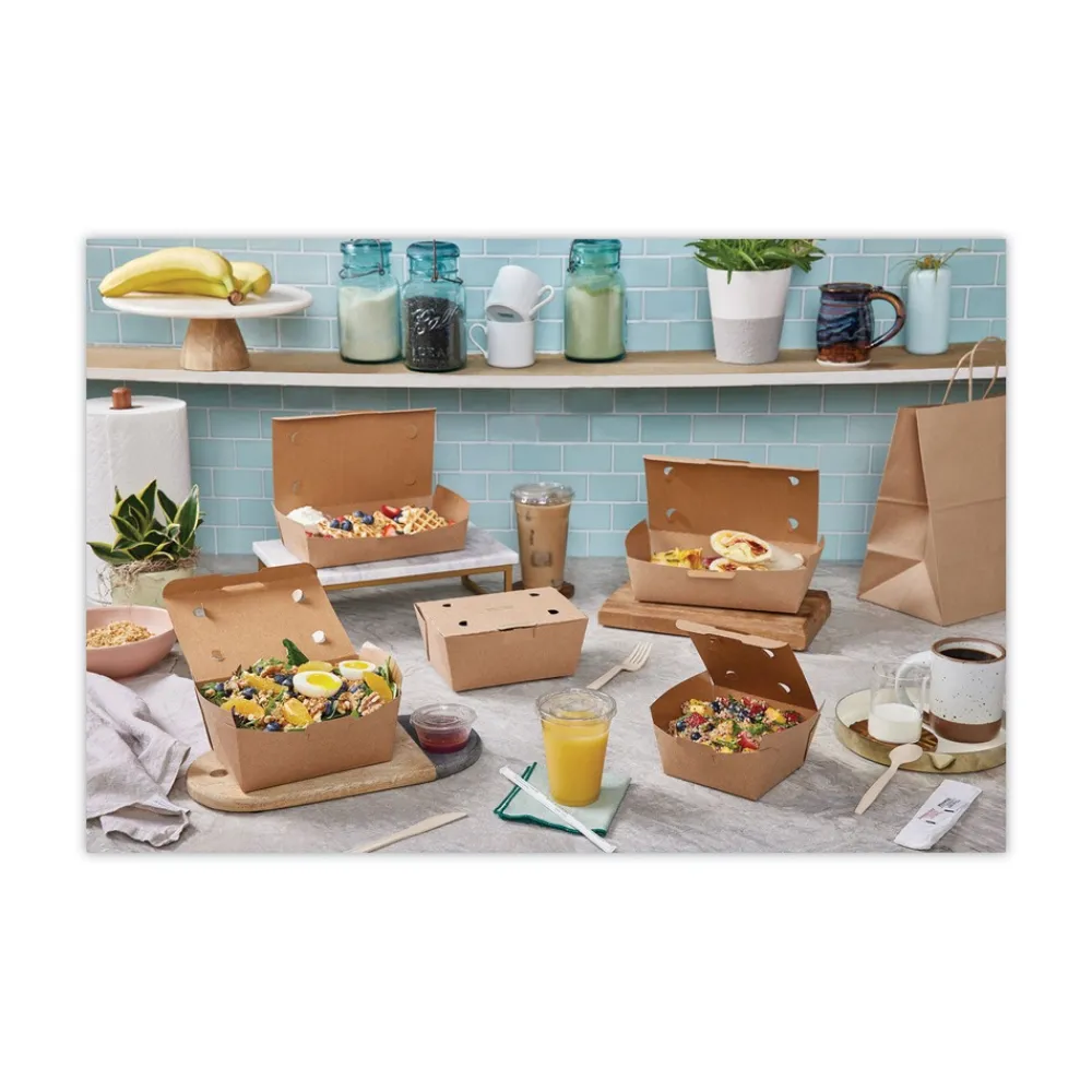 Online 9 in. x 4.85 in. x 2 in. EarthChoice Tamper Evident OneBox Paper Box - Kraft (100/Carton) Tabletop And Serveware