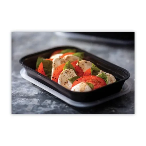 Clearance 8.4 in. x 5.6 in. x 1.4 in. 27 oz. EarthChoice Versa2Go Plastic Microwaveable Container - Black/Clear (150/Carton) Tabletop And Serveware
