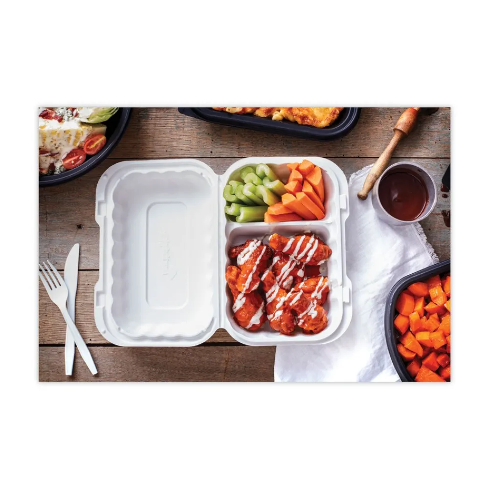 Outlet 9 in. x 6 in. x 3 in. 2-Compartment EarthChoice SmartLock Microwavable MFPP Plastic Hinged Lid Container - White (270/Carton) Tabletop And Serveware