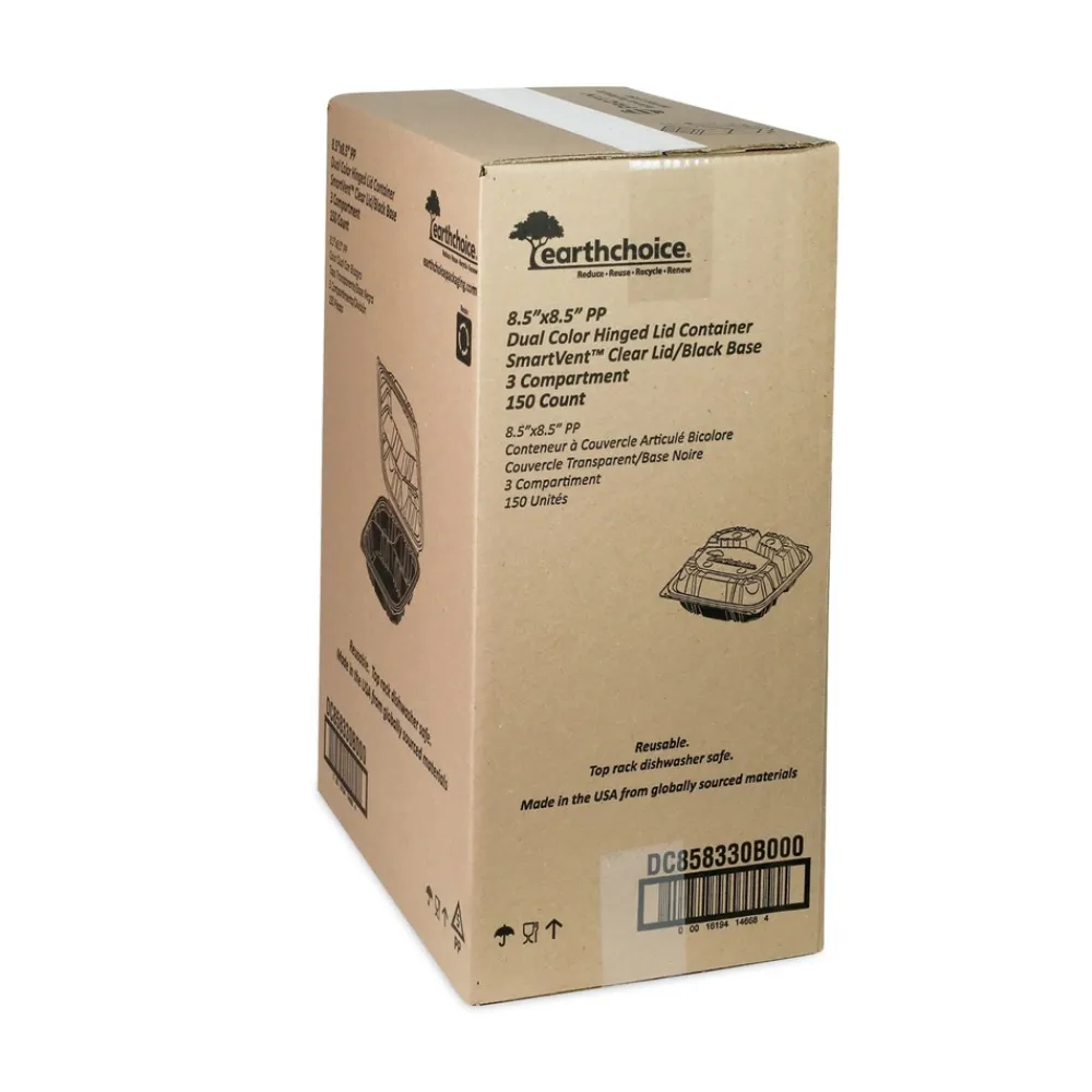 Best 33 oz. 8-1/2 in. x 8-1/5 in. x 3 in. 3-Compartment EarthChoice Vented Dual Color Microwavable Hinged Lid Container - Black/Clear (150/Carton) Tabletop And Serveware