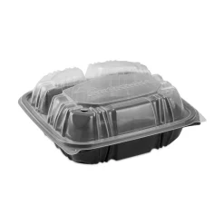 Best 33 oz. 8-1/2 in. x 8-1/5 in. x 3 in. 3-Compartment EarthChoice Vented Dual Color Microwavable Hinged Lid Container - Black/Clear (150/Carton) Tabletop And Serveware