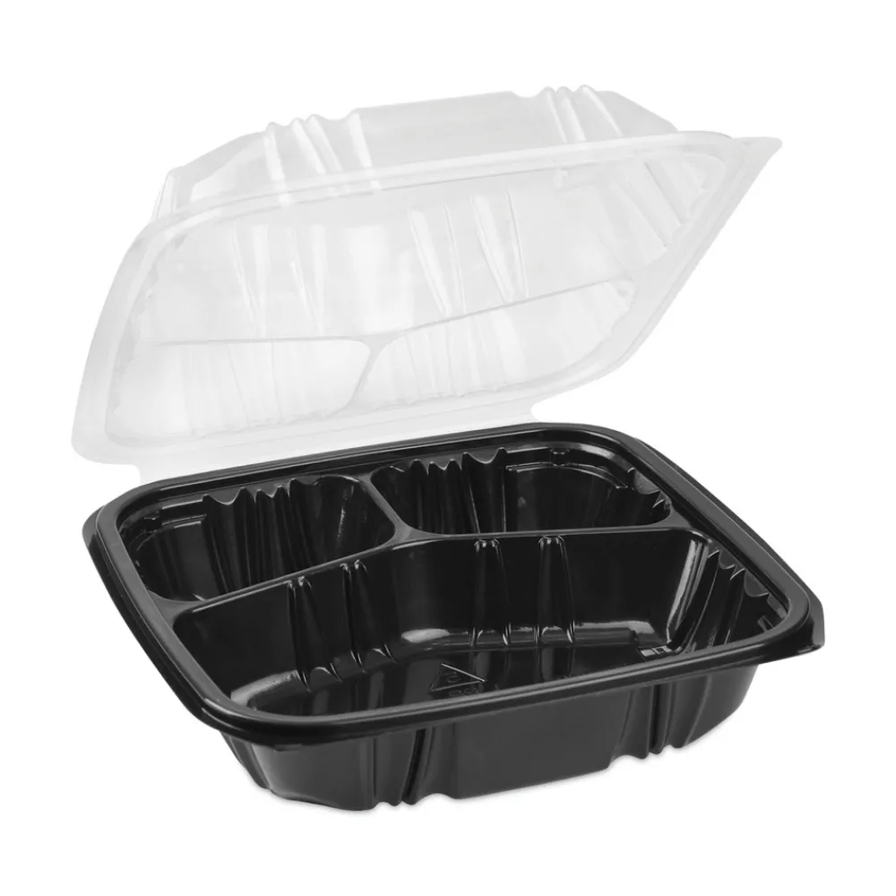 Best 33 oz. 8-1/2 in. x 8-1/5 in. x 3 in. 3-Compartment EarthChoice Vented Dual Color Microwavable Hinged Lid Container - Black/Clear (150/Carton) Tabletop And Serveware