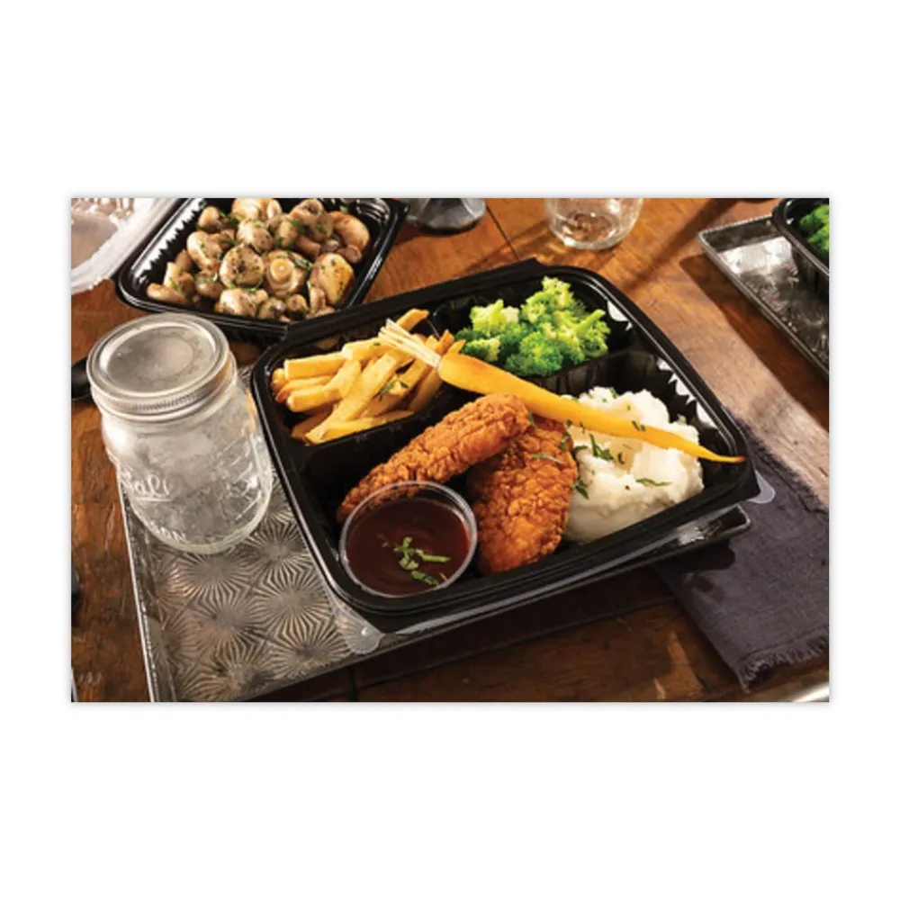 Best 33 oz. 8-1/2 in. x 8-1/5 in. x 3 in. 3-Compartment EarthChoice Vented Dual Color Microwavable Hinged Lid Container - Black/Clear (150/Carton) Tabletop And Serveware