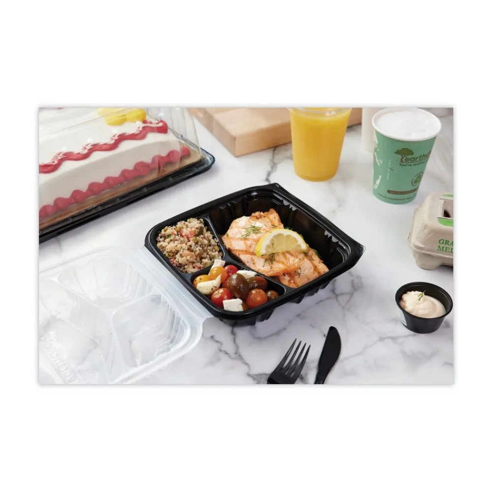 Best 33 oz. 8-1/2 in. x 8-1/5 in. x 3 in. 3-Compartment EarthChoice Vented Dual Color Microwavable Hinged Lid Container - Black/Clear (150/Carton) Tabletop And Serveware