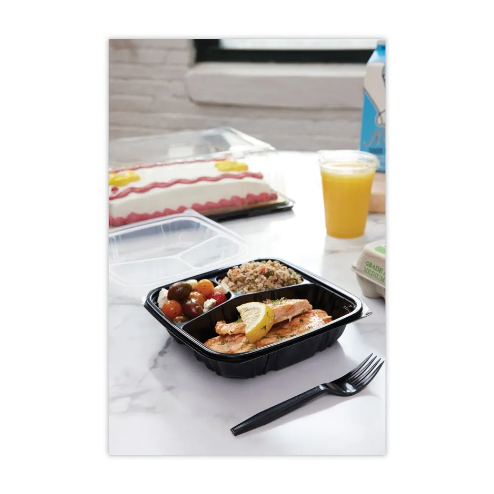 Best 33 oz. 8-1/2 in. x 8-1/5 in. x 3 in. 3-Compartment EarthChoice Vented Dual Color Microwavable Hinged Lid Container - Black/Clear (150/Carton) Tabletop And Serveware