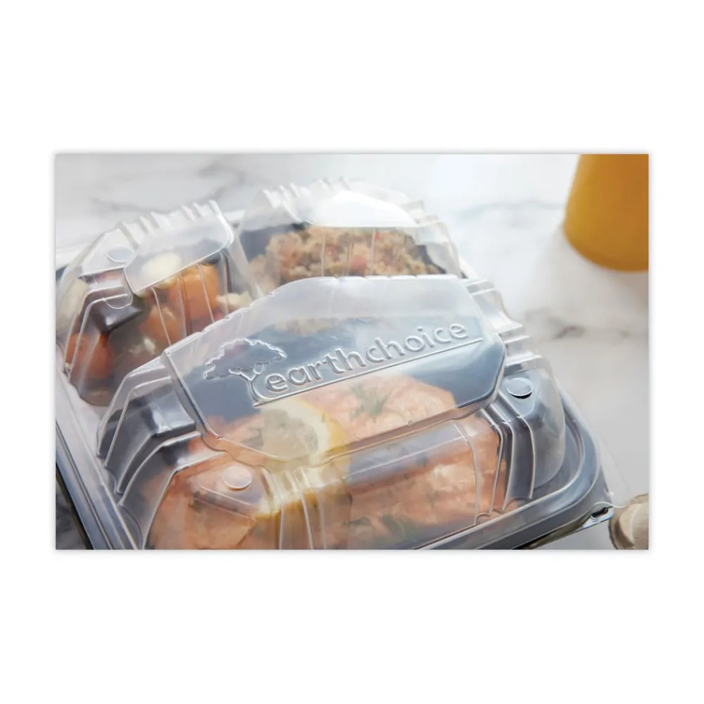 Best 33 oz. 8-1/2 in. x 8-1/5 in. x 3 in. 3-Compartment EarthChoice Vented Dual Color Microwavable Hinged Lid Container - Black/Clear (150/Carton) Tabletop And Serveware