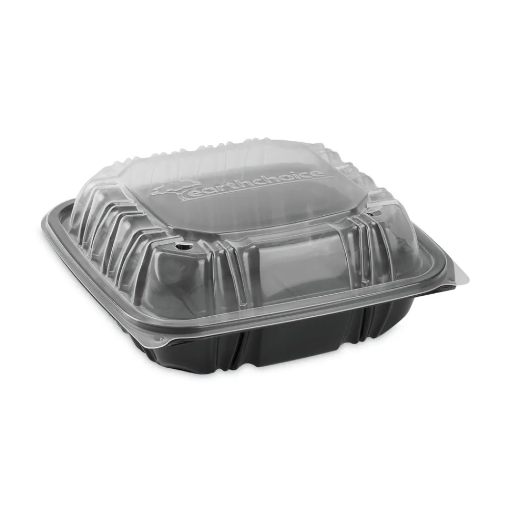 Online 28 oz 7.5 x 7.5 x 3 EarthChoice Vented Dual Color Microwavable Plastic Hinged Lid Container - Black/Clear (150/Carton) Tabletop And Serveware