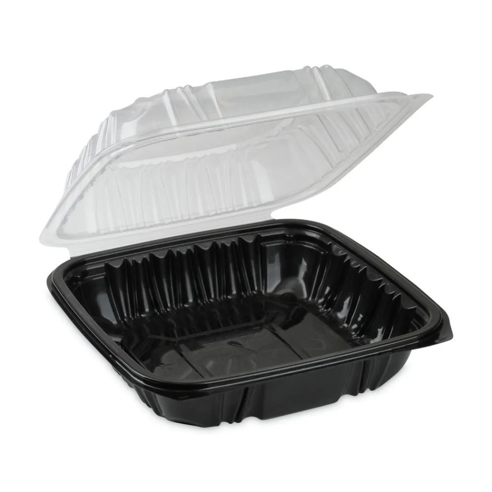 Online 28 oz 7.5 x 7.5 x 3 EarthChoice Vented Dual Color Microwavable Plastic Hinged Lid Container - Black/Clear (150/Carton) Tabletop And Serveware