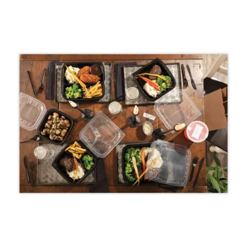 Online 28 oz 7.5 x 7.5 x 3 EarthChoice Vented Dual Color Microwavable Plastic Hinged Lid Container - Black/Clear (150/Carton) Tabletop And Serveware