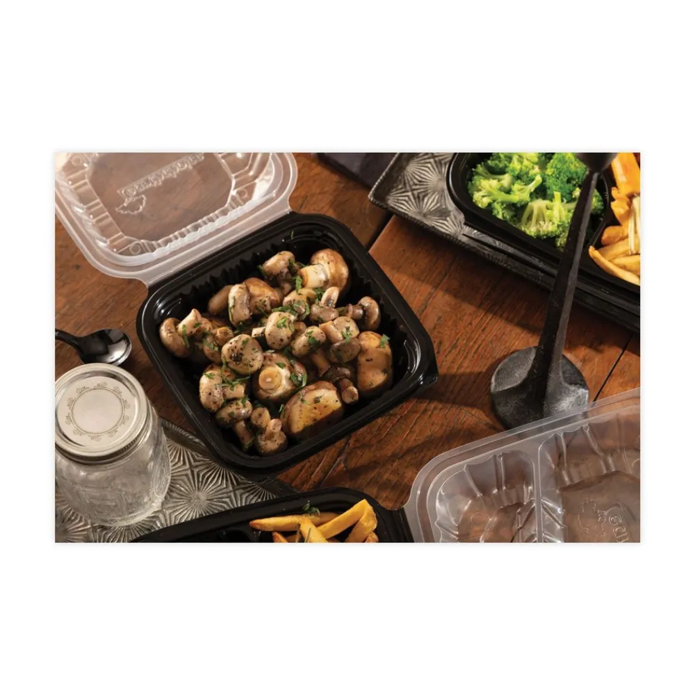 Online 28 oz 7.5 x 7.5 x 3 EarthChoice Vented Dual Color Microwavable Plastic Hinged Lid Container - Black/Clear (150/Carton) Tabletop And Serveware
