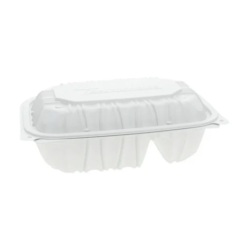 Online 2-Compartment 9 x 6 x 3.1 EarthChoice Vented Microwavable MFPP Plastic Hinged Lid Container - White (170/Carton) Tabletop And Serveware