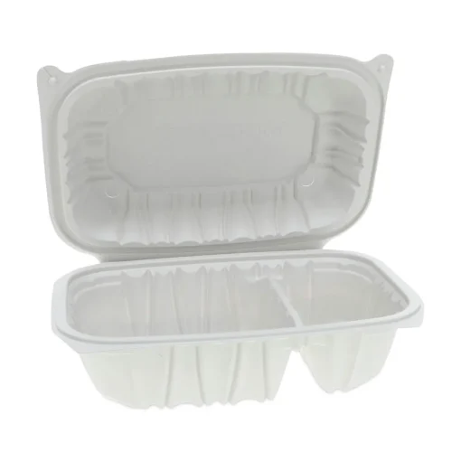 Online 2-Compartment 9 x 6 x 3.1 EarthChoice Vented Microwavable MFPP Plastic Hinged Lid Container - White (170/Carton) Tabletop And Serveware