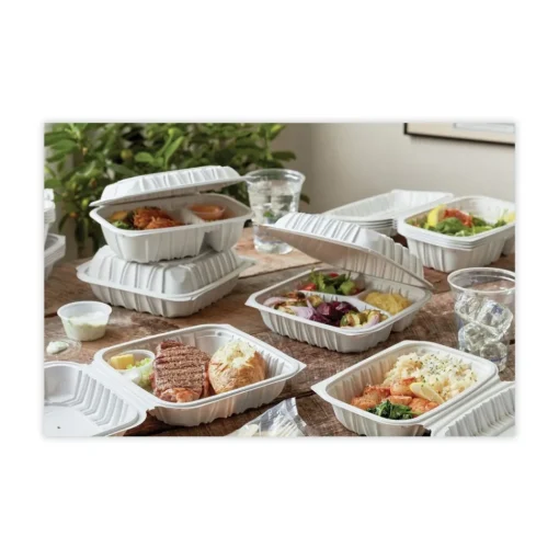 Online 2-Compartment 9 x 6 x 3.1 EarthChoice Vented Microwavable MFPP Plastic Hinged Lid Container - White (170/Carton) Tabletop And Serveware