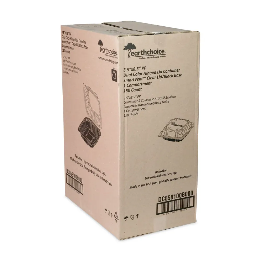 Clearance DC858100B000 38 oz 8.5 x 8.5 x 3 EarthChoice Vented Dual Color Microwavable Plastic Hinged Lid Container - Black/Clear (150/Carton) Tabletop And Serveware