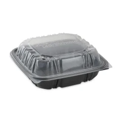 Clearance DC858100B000 38 oz 8.5 x 8.5 x 3 EarthChoice Vented Dual Color Microwavable Plastic Hinged Lid Container - Black/Clear (150/Carton) Tabletop And Serveware