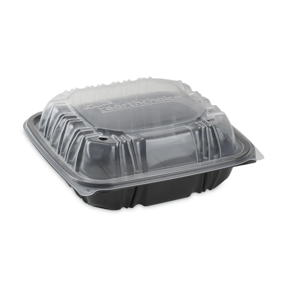 Clearance DC858100B000 38 oz 8.5 x 8.5 x 3 EarthChoice Vented Dual Color Microwavable Plastic Hinged Lid Container - Black/Clear (150/Carton) Tabletop And Serveware