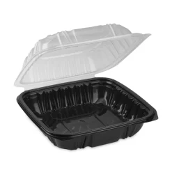Clearance DC858100B000 38 oz 8.5 x 8.5 x 3 EarthChoice Vented Dual Color Microwavable Plastic Hinged Lid Container - Black/Clear (150/Carton) Tabletop And Serveware