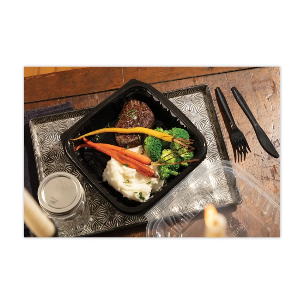 Clearance DC858100B000 38 oz 8.5 x 8.5 x 3 EarthChoice Vented Dual Color Microwavable Plastic Hinged Lid Container - Black/Clear (150/Carton) Tabletop And Serveware
