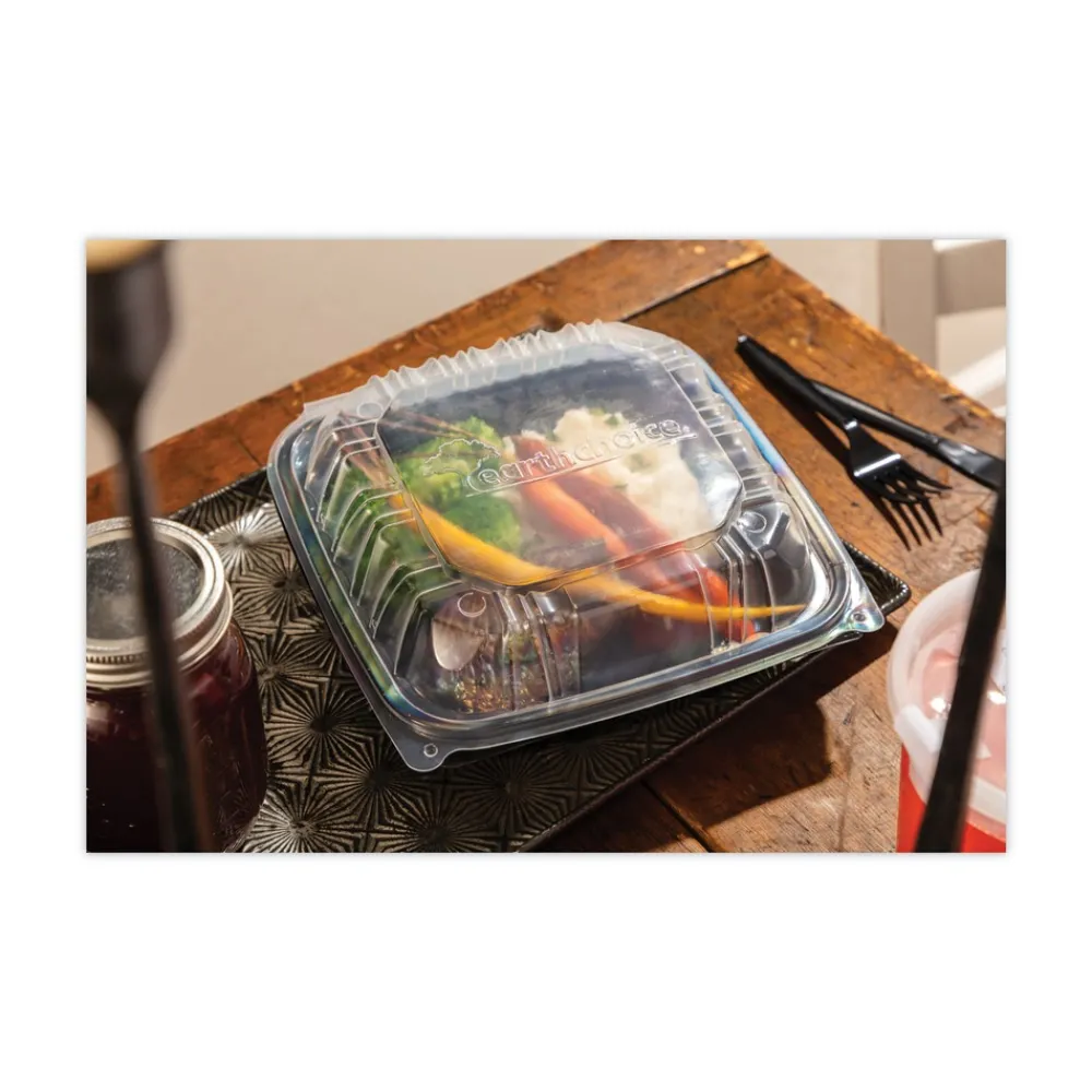 Clearance DC858100B000 38 oz 8.5 x 8.5 x 3 EarthChoice Vented Dual Color Microwavable Plastic Hinged Lid Container - Black/Clear (150/Carton) Tabletop And Serveware