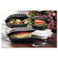Discount EarthChoice 9 in. x 6 in. x 3.25 in. Plastic SmartLock Microwavable MFPP Hinged Lid Container - Black (270/Carton) Tabletop And Serveware