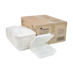 Discount EarthChoice 7.8 in. x 7.8 in. x 2.8 in. Bagasse Hinged Lid 3-Compartment Container with Dual Tab Lock - Natural (150/Carton) Tabletop And Serveware