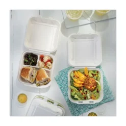 Discount EarthChoice 7.8 in. x 7.8 in. x 2.8 in. Bagasse Hinged Lid 3-Compartment Container with Dual Tab Lock - Natural (150/Carton) Tabletop And Serveware