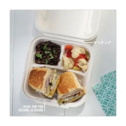 Discount EarthChoice 7.8 in. x 7.8 in. x 2.8 in. Bagasse Hinged Lid 3-Compartment Container with Dual Tab Lock - Natural (150/Carton) Tabletop And Serveware
