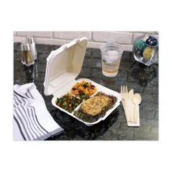 Discount EarthChoice 7.8 in. x 7.8 in. x 2.8 in. Bagasse Hinged Lid 3-Compartment Container with Dual Tab Lock - Natural (150/Carton) Tabletop And Serveware