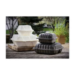 Discount EarthChoice 7.8 in. x 7.8 in. x 2.8 in. Bagasse Hinged Lid 3-Compartment Container with Dual Tab Lock - Natural (150/Carton) Tabletop And Serveware