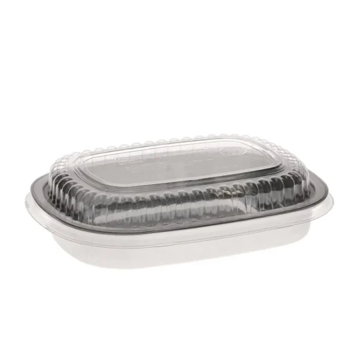 Hot Y6708PET 8.2 in. x 6.2 in. x 1.3 in. 22 oz. Classic Carry-Out Aluminum Container with PET Dome Lid - Silver/Clear (100/Carton) Tabletop And Serveware