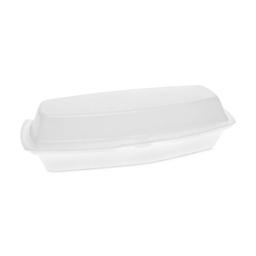 New YTH100980000 7.25 in. x 3 in. x 2 in. Single Tab Lock Hot Dog Foam Hinged Lid Containers - White (504/Carton) Tabletop And Serveware