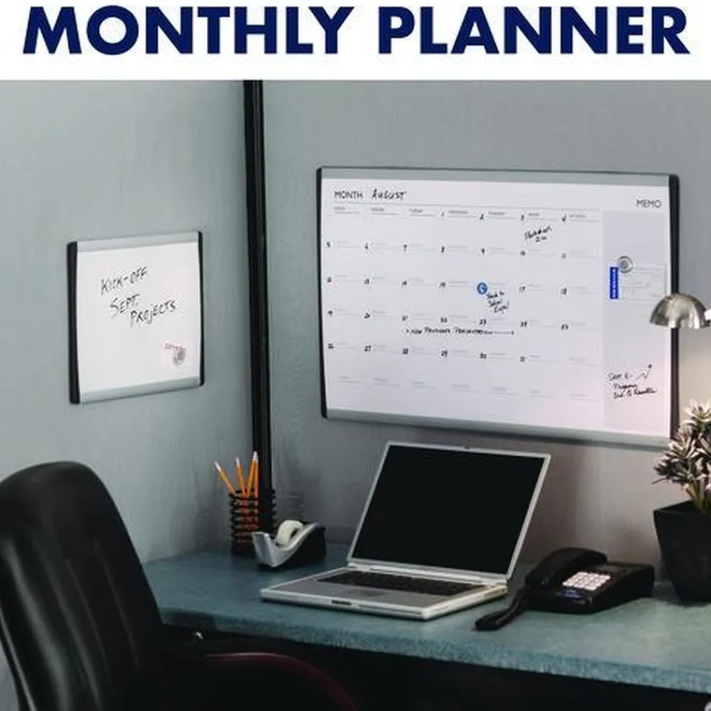 30 in. x 18 in. ARC Frame Cubicle Monthly Planning/Scheduling Calendar Board - White Magnetic Surface/Satin Aluminum Frame Office Presentation Supplies