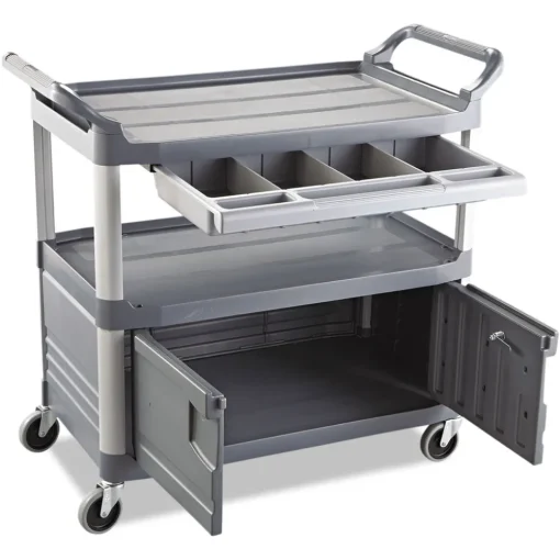 Clearance 40.63 in. x 20 in. x 37.81 in. 300 lbs. Capacity 3 Shelves Plastic Xtra Instrument Cart with Locking Storage Area - Gray Utility Carts