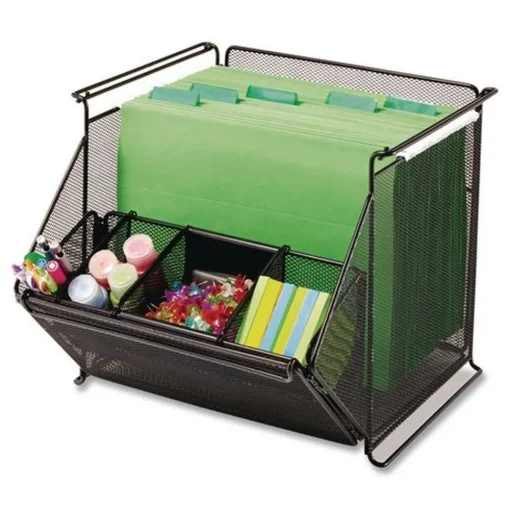 Discount 14 x 15.5 x 11.75 Onyx Stackable Steel Mesh 4-Compartment Storage Bin - Black Desk Accessories & Office Organizers