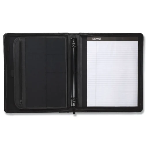 Best 11 in. x 13 1/2 in. 2-Part 1 in. Cap Leather Multi-Ring Zippered Portfolio - Black Filing & Folders