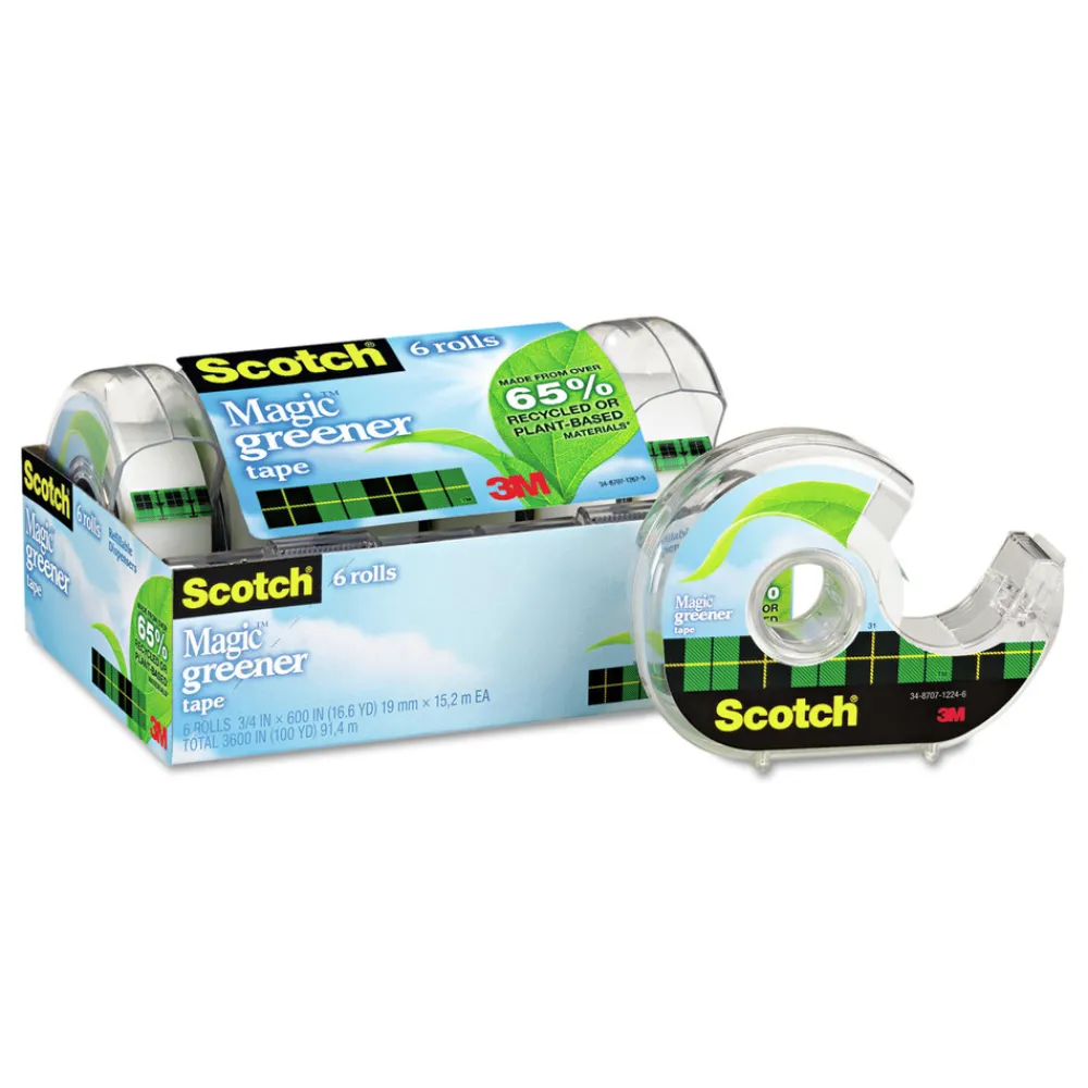Hot 0.75 in. x 50 ft. 1 in. Core Magic Greener Tape with Dispenser - Clear (6/Pack) Tapes & Adhesives