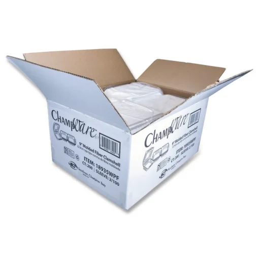 ChampWare Molded-Fiber Clamshell Containers, 9 x 9 x 3, White, 100/Sleeve, 2 Sleeves/Carton Tabletop And Serveware