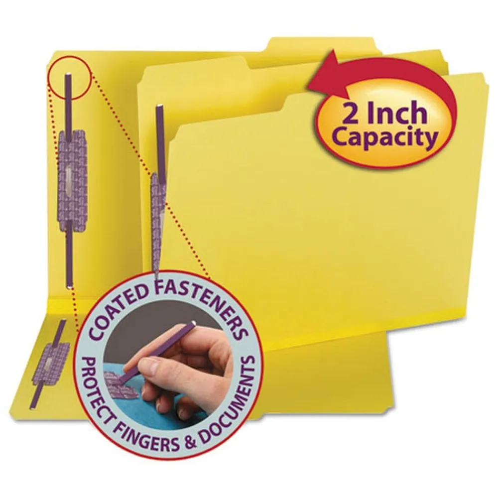 2 in. Expansion Colored Pressboard Folders with 2 SafeSHIELD Coated Fasteners - Letter Size/Yellow (25/Box) Filing & Folders