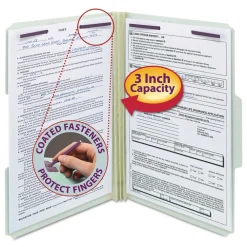 Clearance 3 in. Expansion Recycled Pressboard 1/3-Cut Tab Fastener Folders with Two SafeSHIELD Fasteners - Legal Size/Gray-Green (25/Box) Filing & Folders