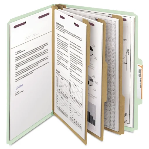8 SafeSHIELD Fasteners 2/5-Cut Tabs 3 Dividers Letter Size Pressboard Classification Folders - Gray-Green (10/Box) Filing & Folders