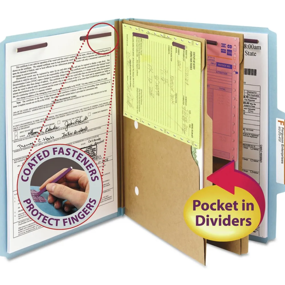 6 SafeSHIELD Fasteners 2 Dividers Letter Size 6-Section Pressboard Top Tab Pocket Classification Folders - Blue (10/Box) Filing & Folders