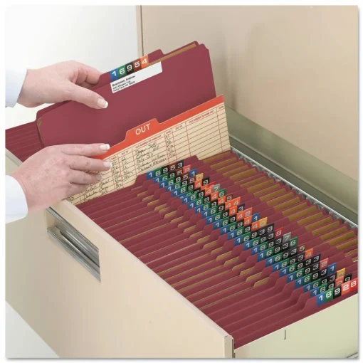 Eight SafeSHIELD Fasteners 2/5-Cut Tabs 3 Dividers Legal Size Pressboard Classification Folders - Red (10/Box) Filing & Folders