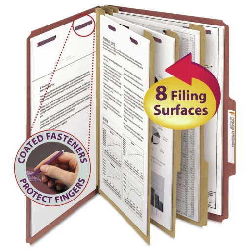 Eight SafeSHIELD Fasteners 2/5-Cut Tabs 3 Dividers Legal Size Pressboard Classification Folders - Red (10/Box) Filing & Folders