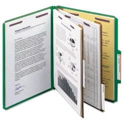 6-Section Pressboard Top Tab Classification Folders with 6 SafeSHIELD Fasteners - Letter Size/Green (10/Box) Filing & Folders