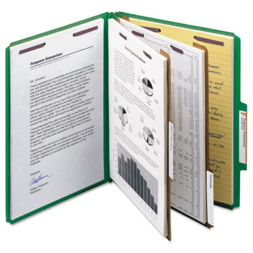 6-Section Pressboard Top Tab Classification Folders with 6 SafeSHIELD Fasteners - Letter Size/Green (10/Box) Filing & Folders