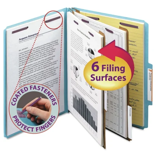 Clearance 6-Section Pressboard Top Tab Classification Folders with 6 SafeSHIELD Fasteners - Letter Size/Blue (10/Box) Filing & Folders