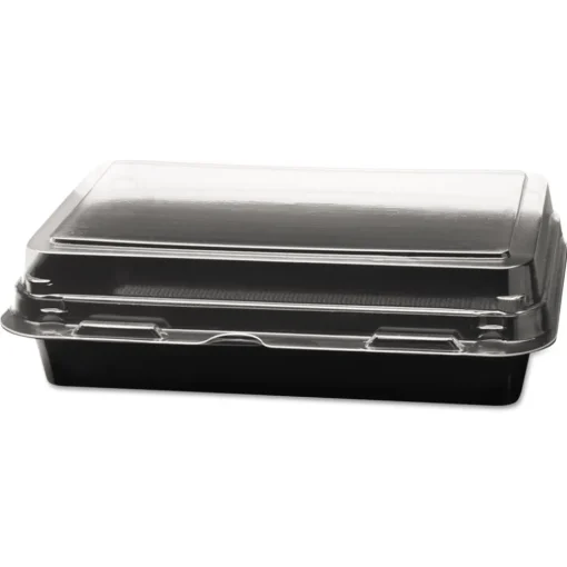 Discount Creative Carryouts 7.87 in. x 5.4 in. x 2.1 in. 24 oz. Hinged Plastic Hot Deli Boxes - Black/Clear (200/Carton) Tabletop And Serveware